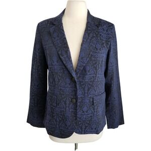Chicos Blazer  Women's 1 M 8 Blue Black Brocade Lined Buttons‎ Jacket